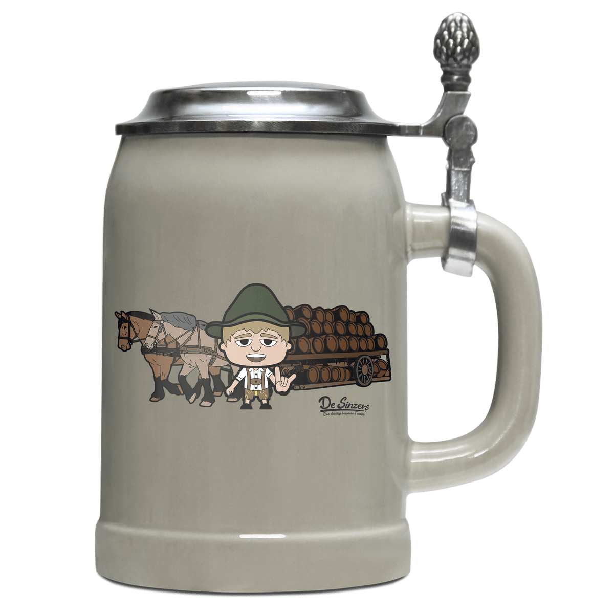 Da Jung Sinzer Pferdegespann Bierkrug 500ml Grau mit Deckel Hocheck Front