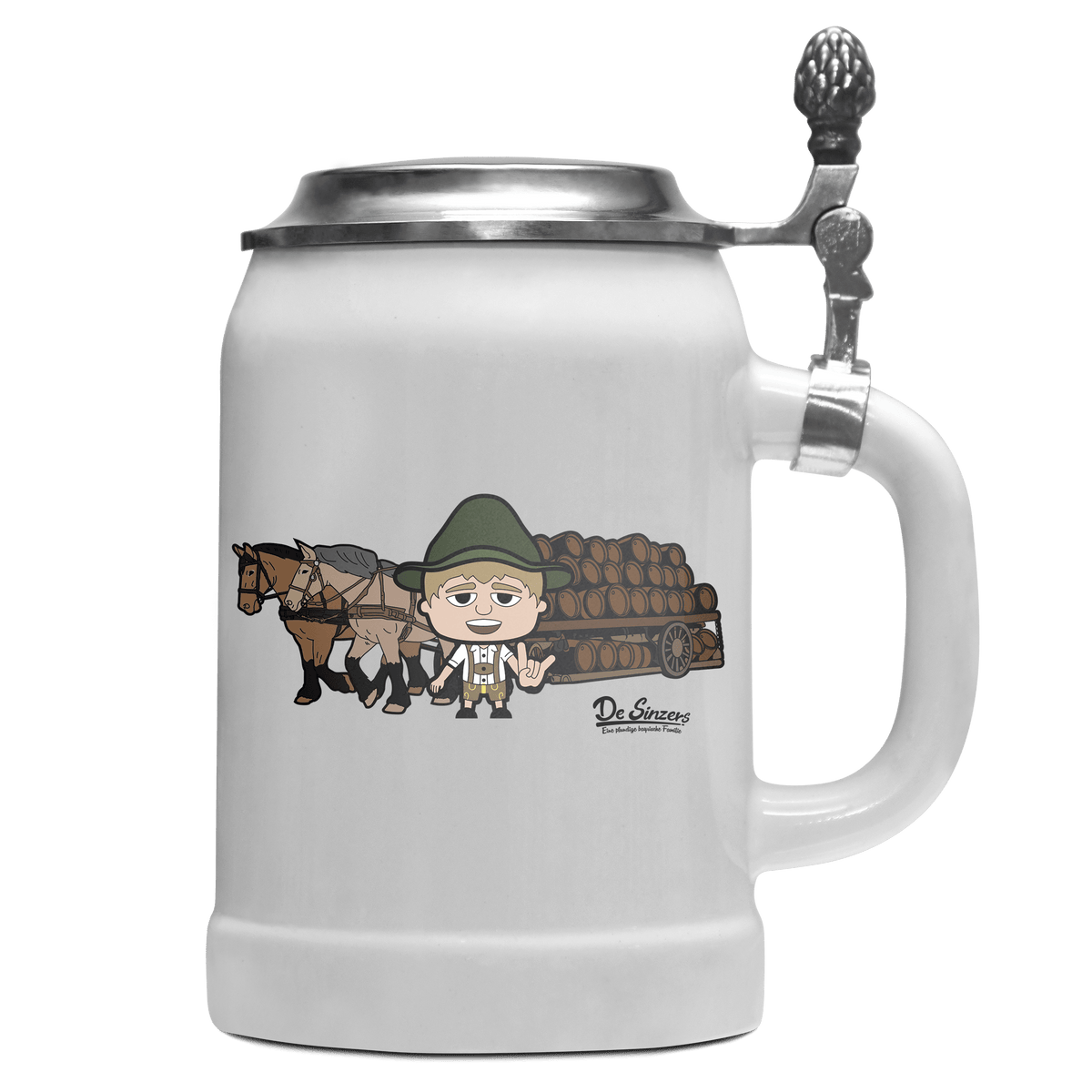 Da Jung Sinzer Pferdegespann Bierkrug 500ml Weiss mit Deckel Wetterspitzen Front