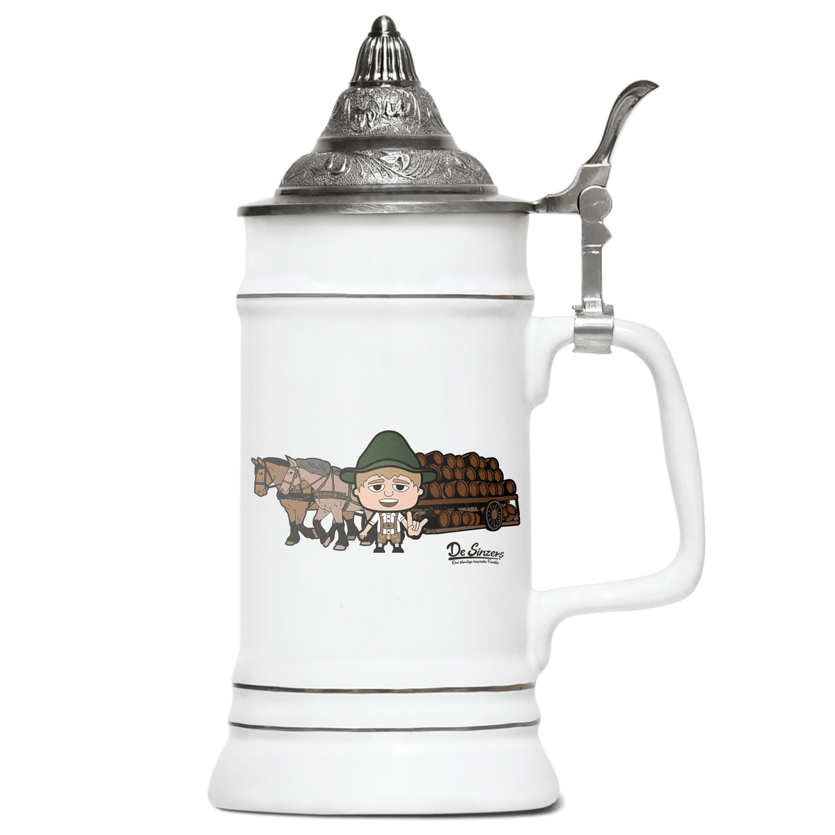Da Jung Sinzer Pferdegespann Bierkrug 500ml Weiss mit Spitzdeckel Wendelstein Front