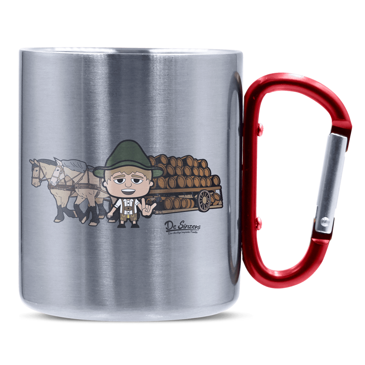 Da Jung Sinzer Pferdegespann Edelstahl Kaffeetasse roter Karabiner 320ml Kitzstein Front