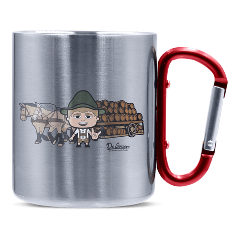 Da Jung Sinzer Pferdegespann Edelstahl Kaffeetasse roter Karabiner 320ml Kitzstein Front