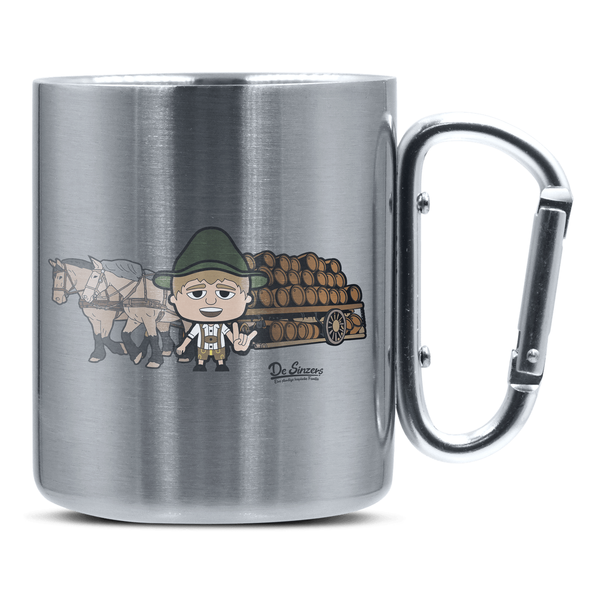 Da Jung Sinzer Pferdegespann Edelstahl Kaffeetasse silberer Karabiner 320ml Grosser Traithen Front