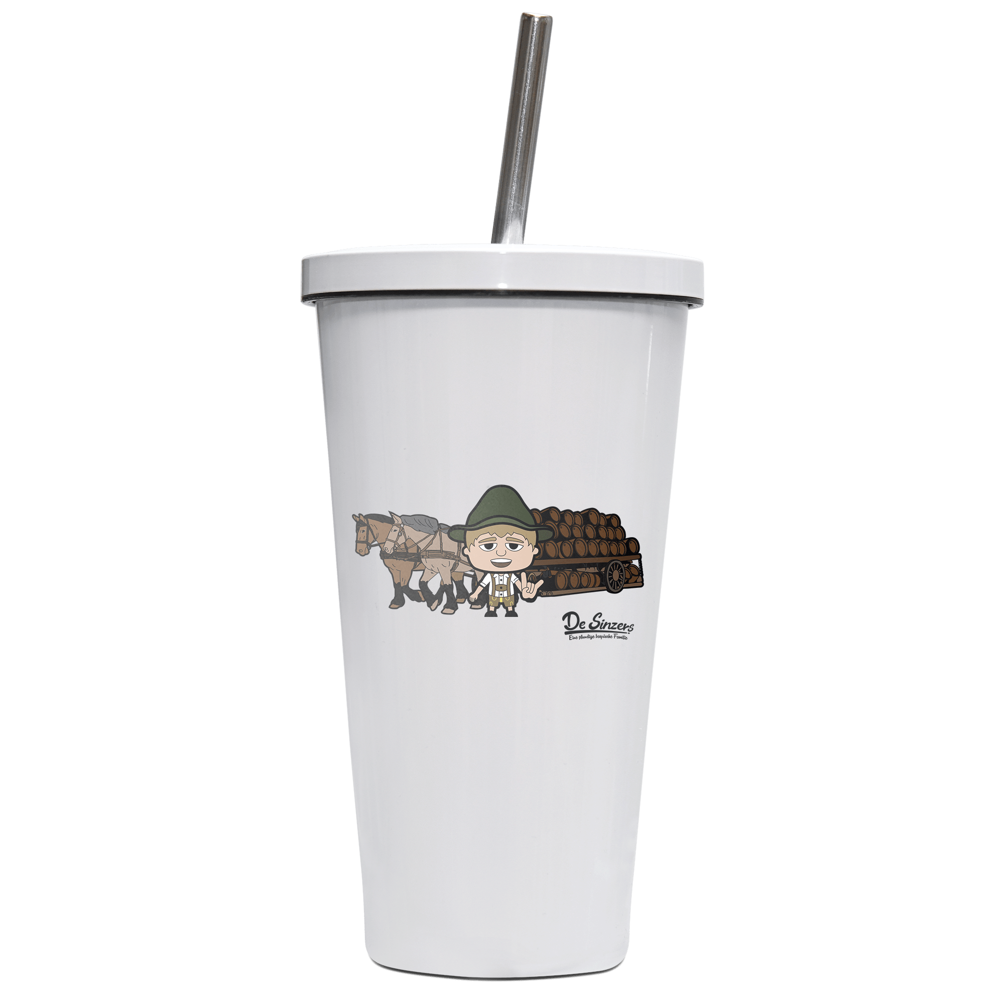 Da Jung Sinzer Pferdegespann Edelstahl Trinkbecher mit Strohhalm 480ml Weiss Krottenkopf Front