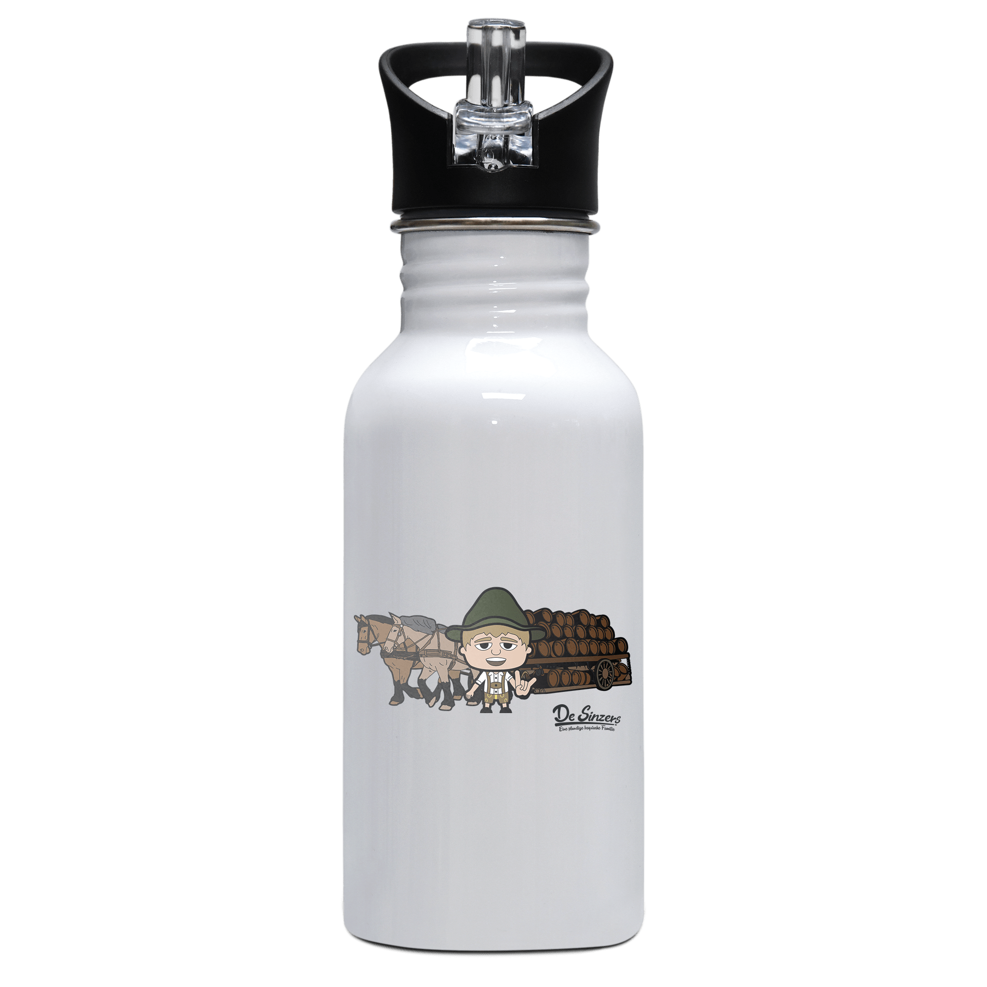 Da Jung Sinzer Pferdegespann Edelstahl Trinkflasche mit klappbarem Mundstueck 500ml Weiss Rotwand Front