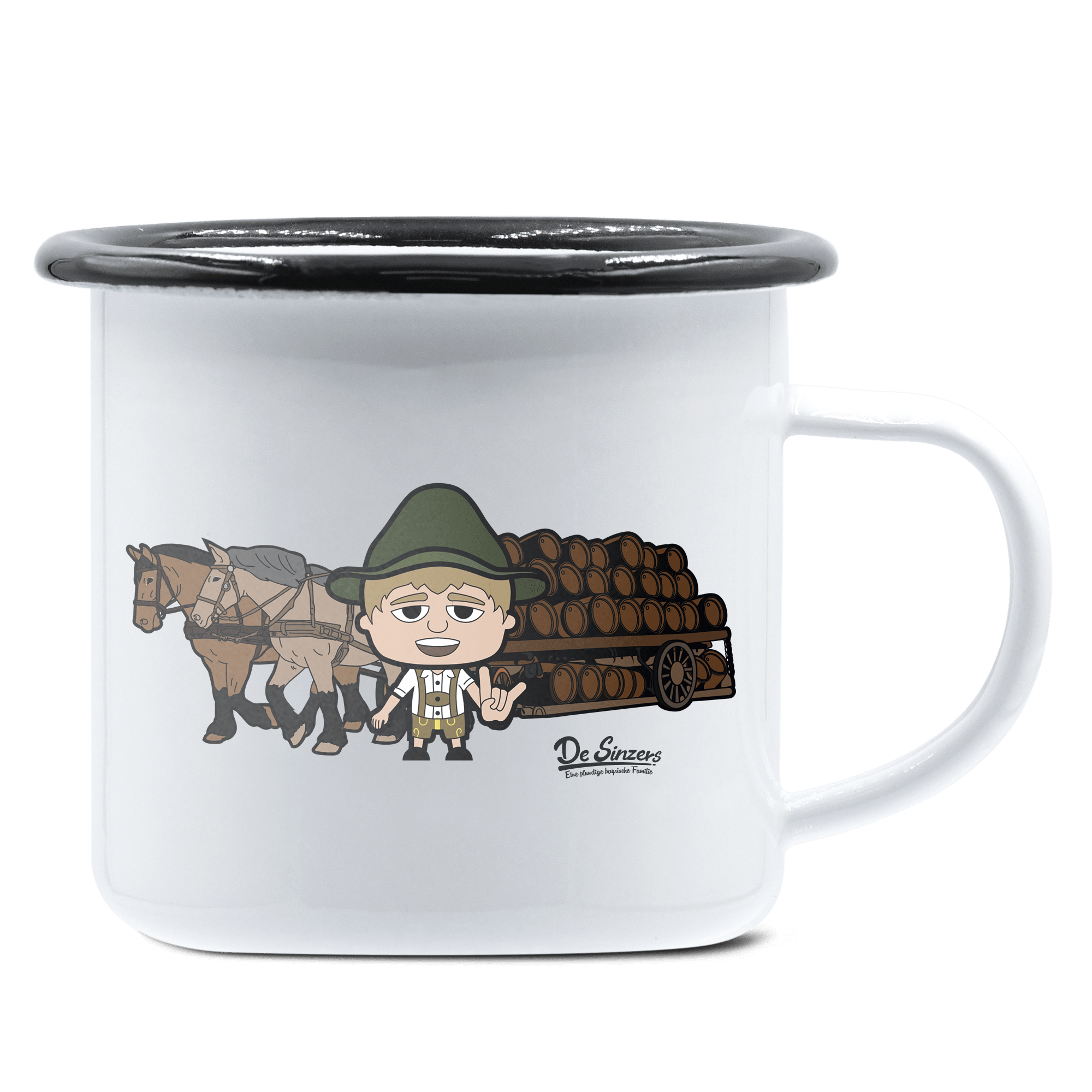 Da Jung Sinzer Pferdegespann Emaille Tasse 375ml Weiss Schwarz Hochries Front