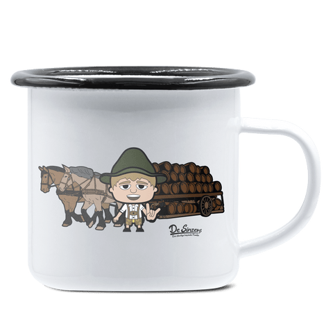 Da Jung Sinzer Pferdegespann Emaille Tasse 375ml Weiss Schwarz Hochries Front