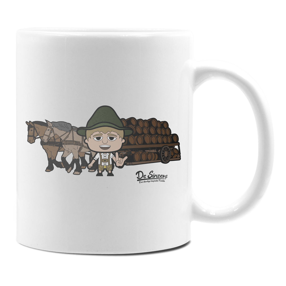 Da Jung Sinzer Pferdegespann Keramik Kaffeetasse 330ml Weiss Rampoldplatte Front