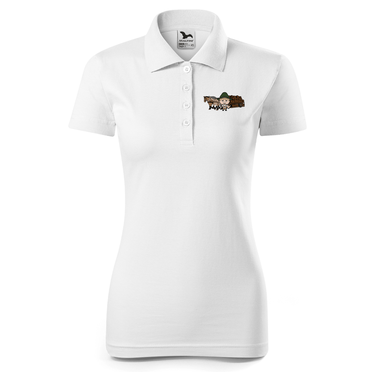 Da Jung Sinzer Pferdegespann Polo Shirt Damen Weiss Simser Weg Front