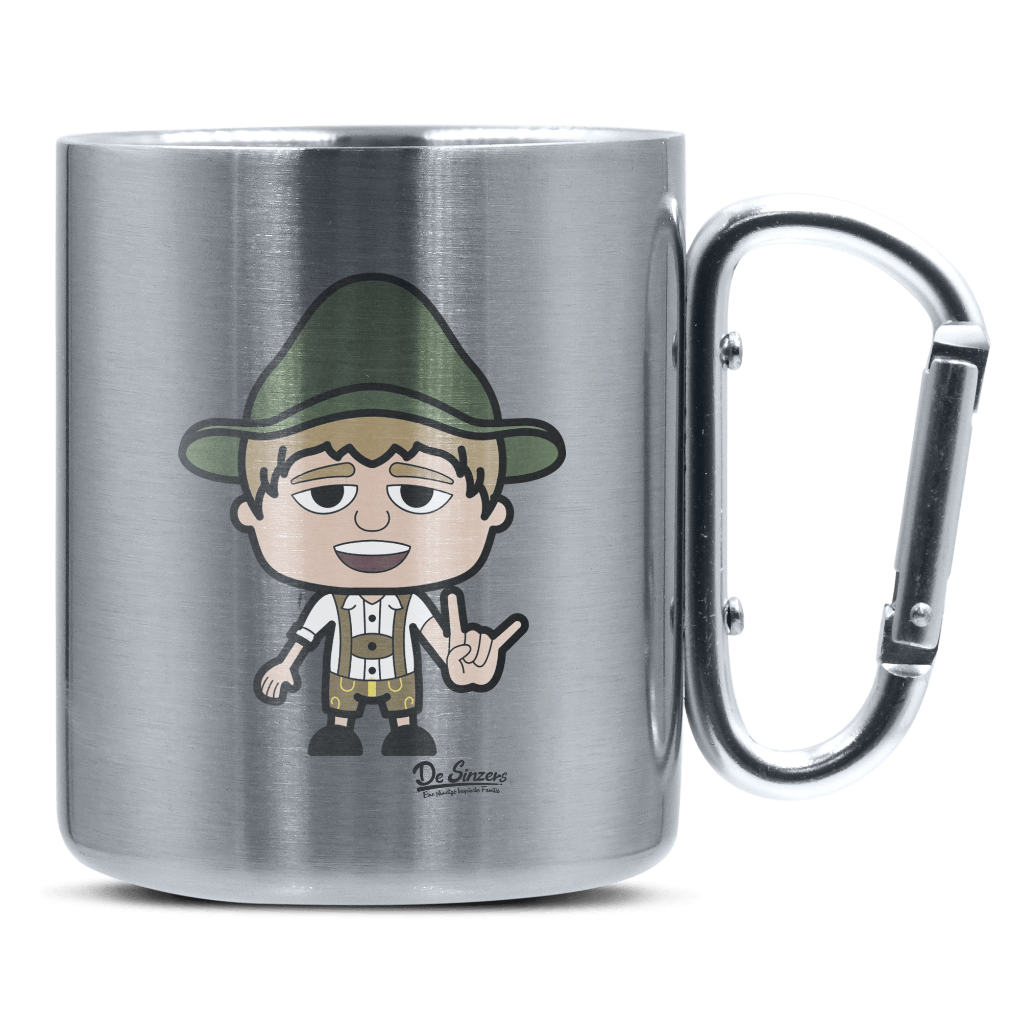 Da Jung Sinzer Rocking Fingers Edelstahl Kaffeetasse silberer Karabiner 320ml Grosser Traithen Front