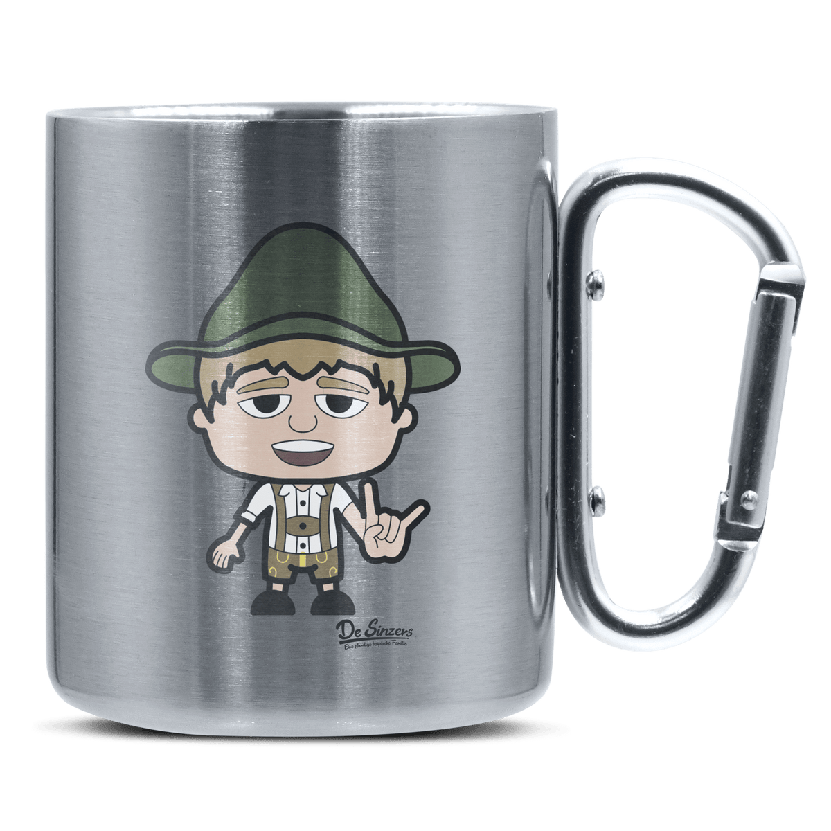 Da Jung Sinzer Rocking Fingers Edelstahl Kaffeetasse silberer Karabiner 320ml Grosser Traithen Front