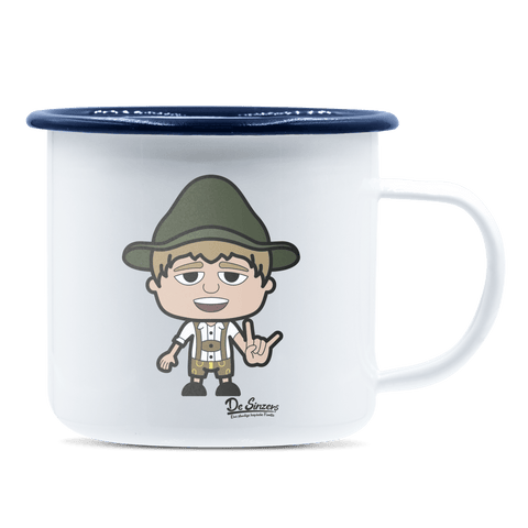 Da Jung Sinzer Rocking Fingers Emaille Tasse 375ml Weiss Blau Heuberg Front