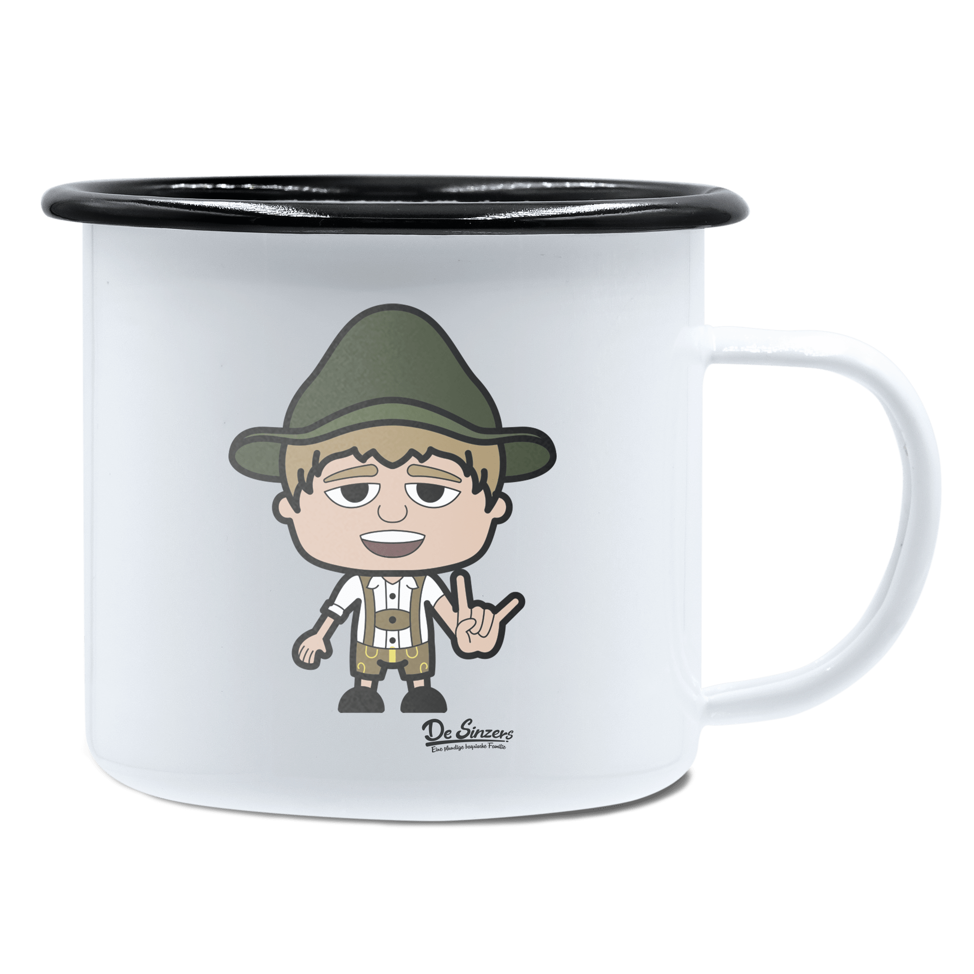 Da Jung Sinzer Rocking Fingers Emaille Tasse 450ml Weiss Schwarz Spitzstein Front