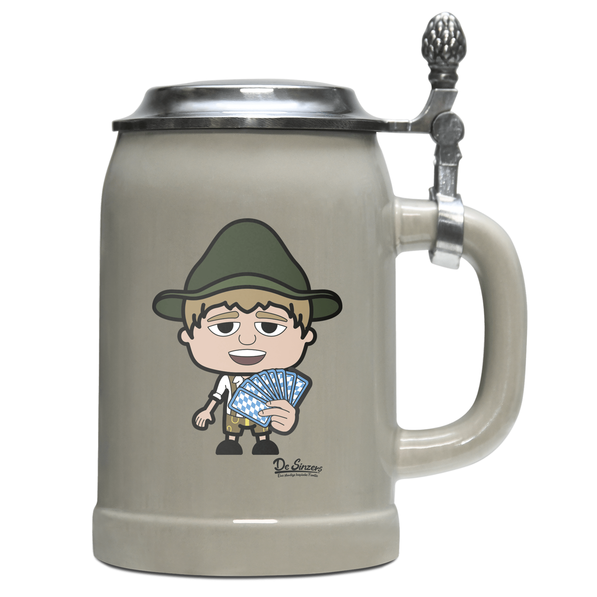 Da Jung Sinzer Schafkopfen Bierkrug 500ml Grau mit Deckel Hocheck Front