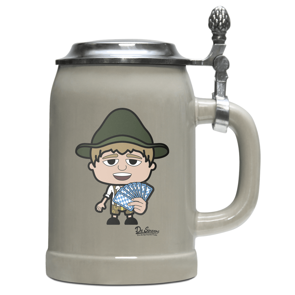 Da Jung Sinzer Schafkopfen Bierkrug 500ml Grau mit Deckel Hocheck Front