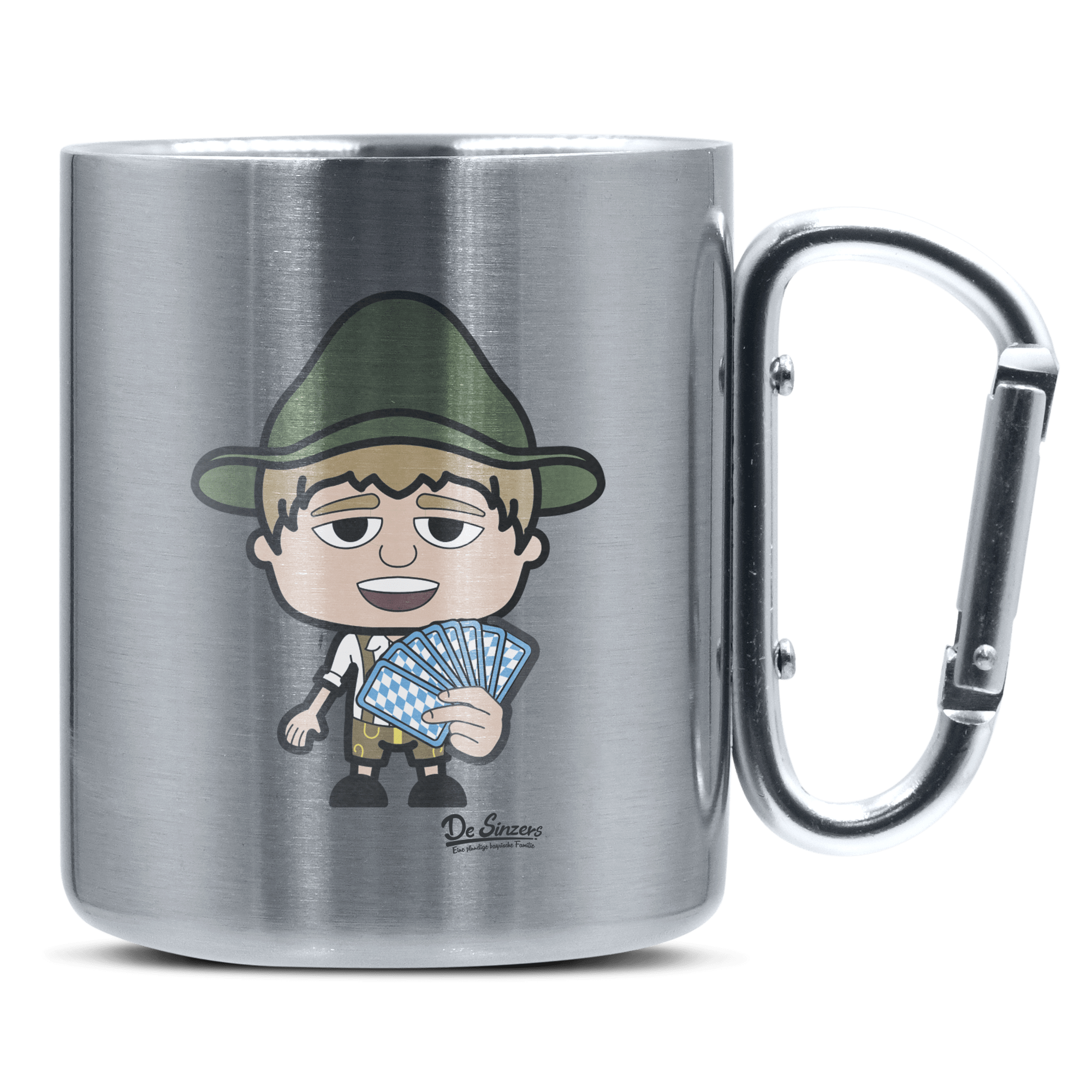 Da Jung Sinzer Schafkopfen Edelstahl Kaffeetasse silberer Karabiner 320ml Grosser Traithen Front