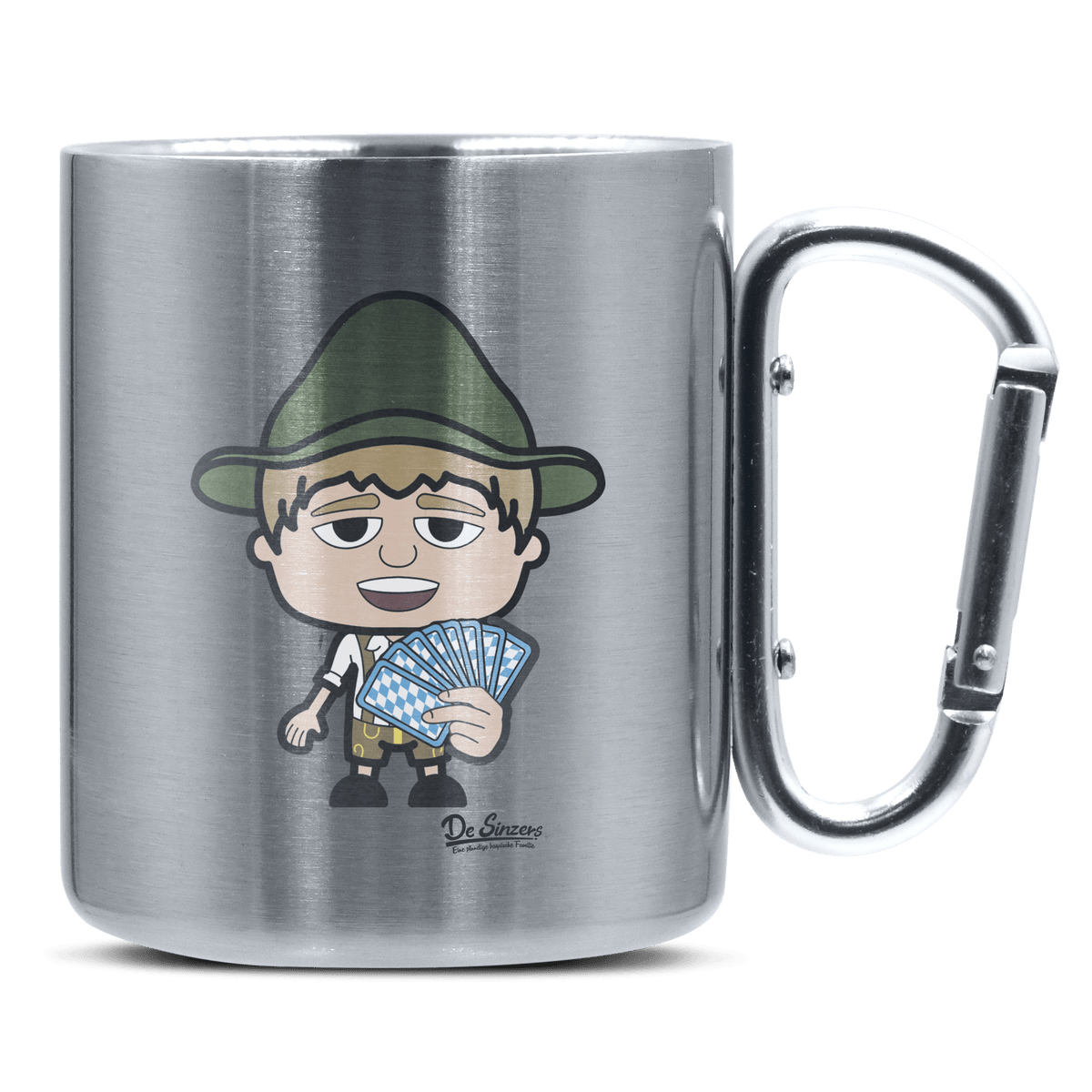 Da Jung Sinzer Schafkopfen Edelstahl Kaffeetasse silberer Karabiner 320ml Grosser Traithen Front