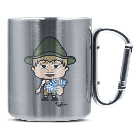 Da Jung Sinzer Schafkopfen Edelstahl Kaffeetasse silberer Karabiner 320ml Grosser Traithen Front
