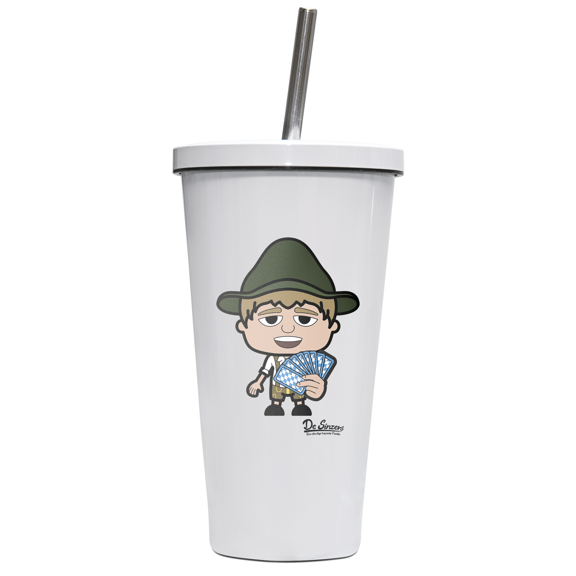 Da Jung Sinzer Schafkopfen Edelstahl Trinkbecher mit Strohhalm 480ml Weiss Krottenkopf Front