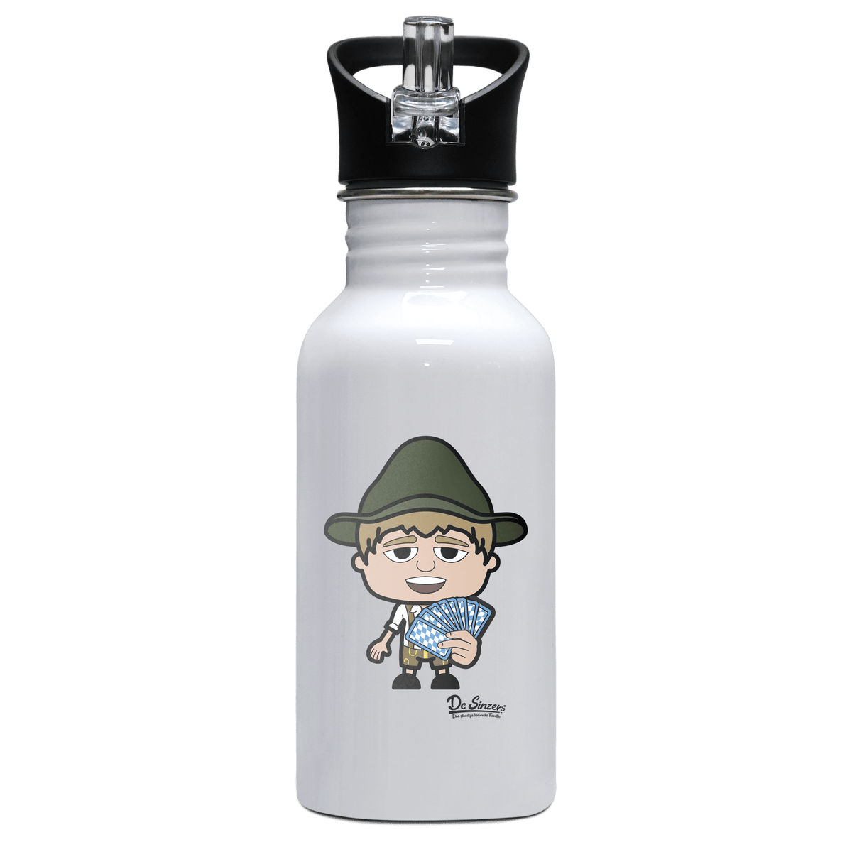 Da Jung Sinzer Schafkopfen Edelstahl Trinkflasche mit klappbarem Mundstueck 500ml Weiss Rotwand Front