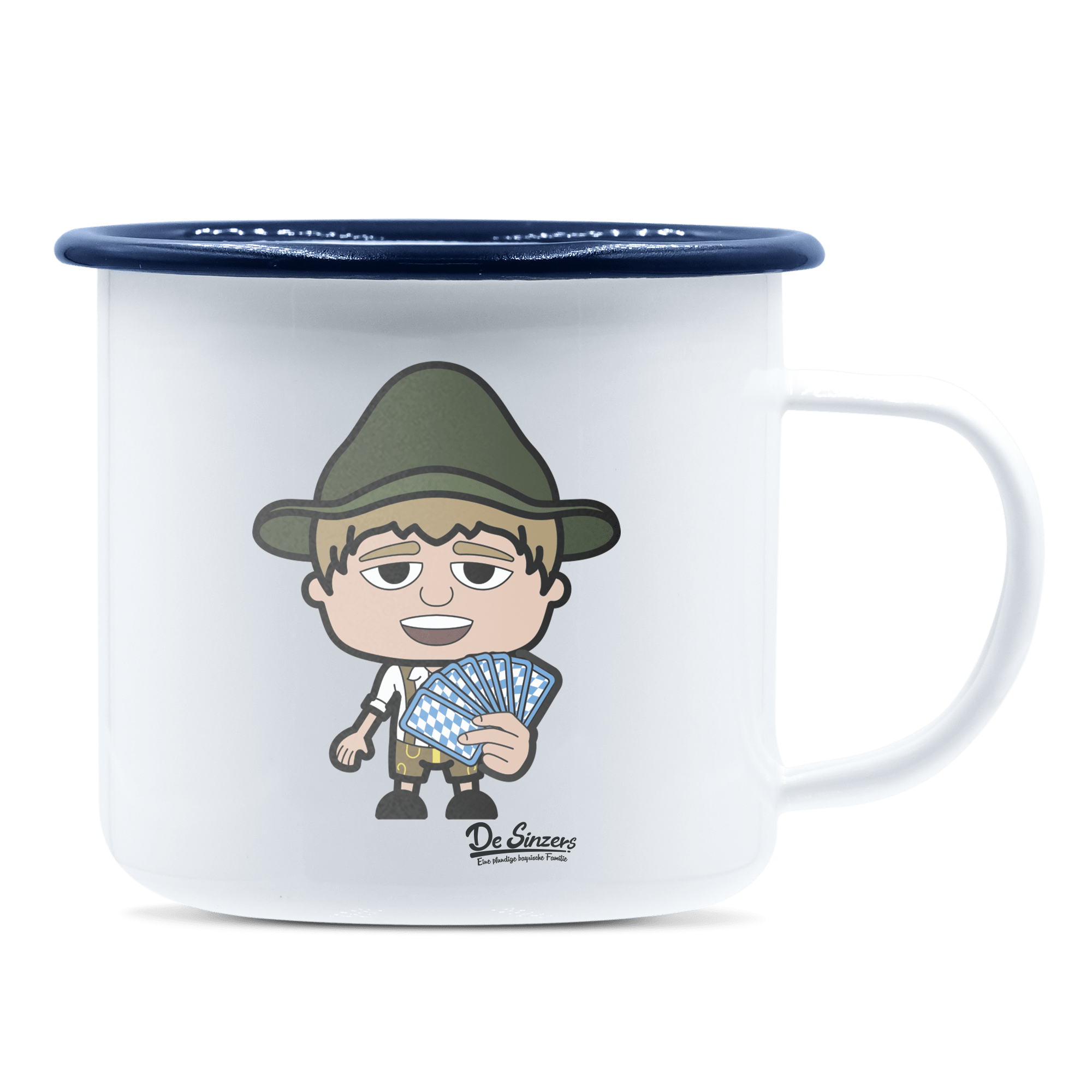 Da Jung Sinzer Schafkopfen Emaille Tasse 375ml Weiss Blau Heuberg Front