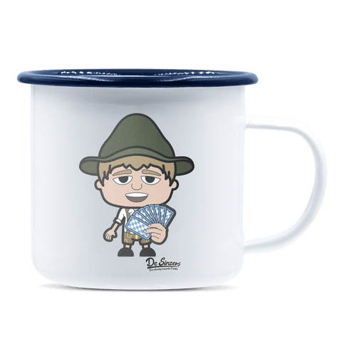 Da Jung Sinzer Schafkopfen Emaille Tasse 375ml Weiss Blau Heuberg Front