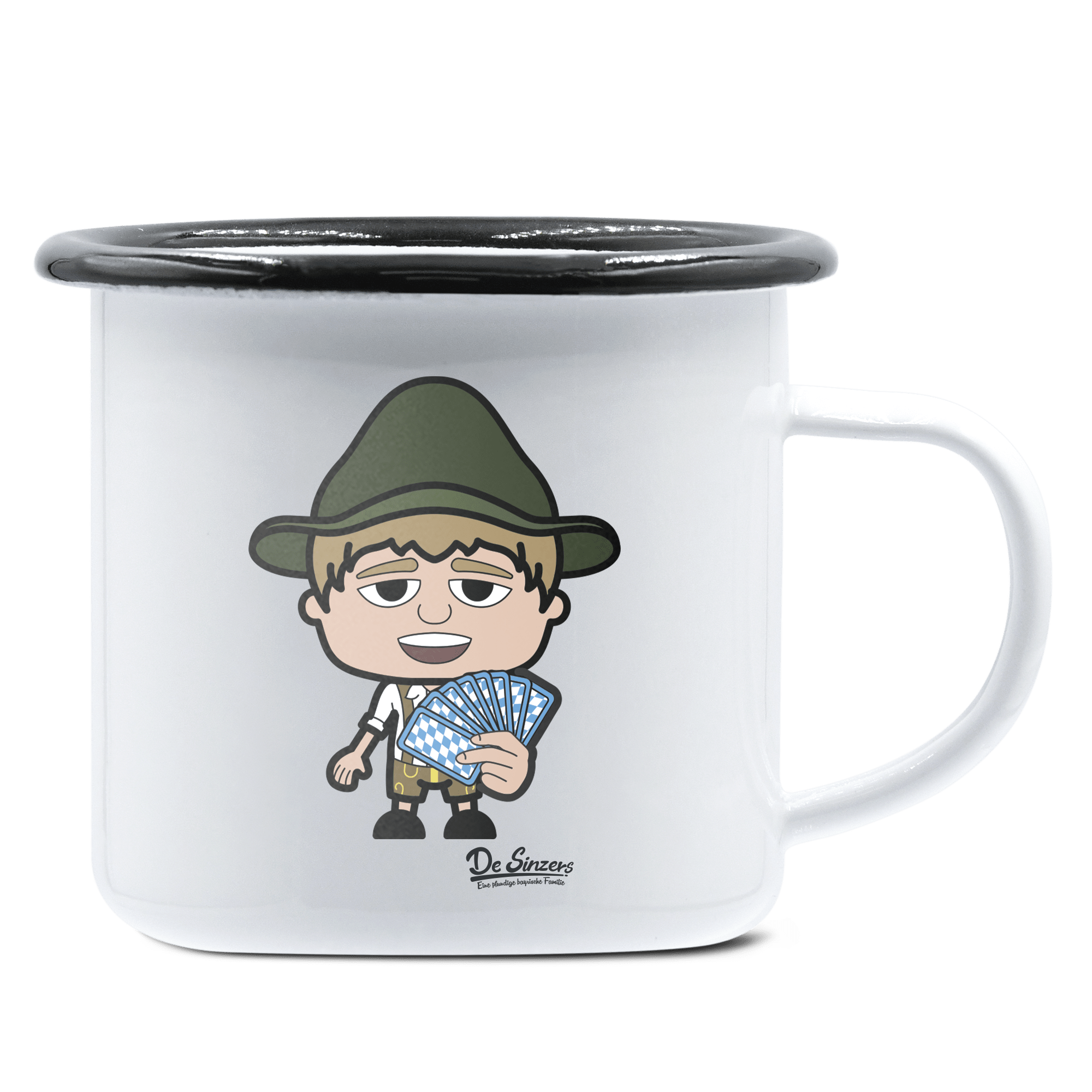 Da Jung Sinzer Schafkopfen Emaille Tasse 375ml Weiss Schwarz Hochries Front