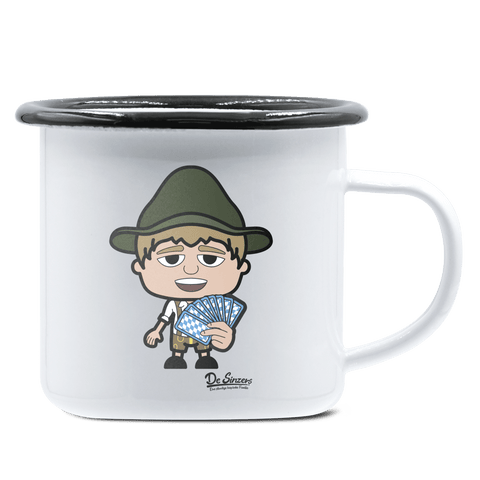 Da Jung Sinzer Schafkopfen Emaille Tasse 375ml Weiss Schwarz Hochries Front