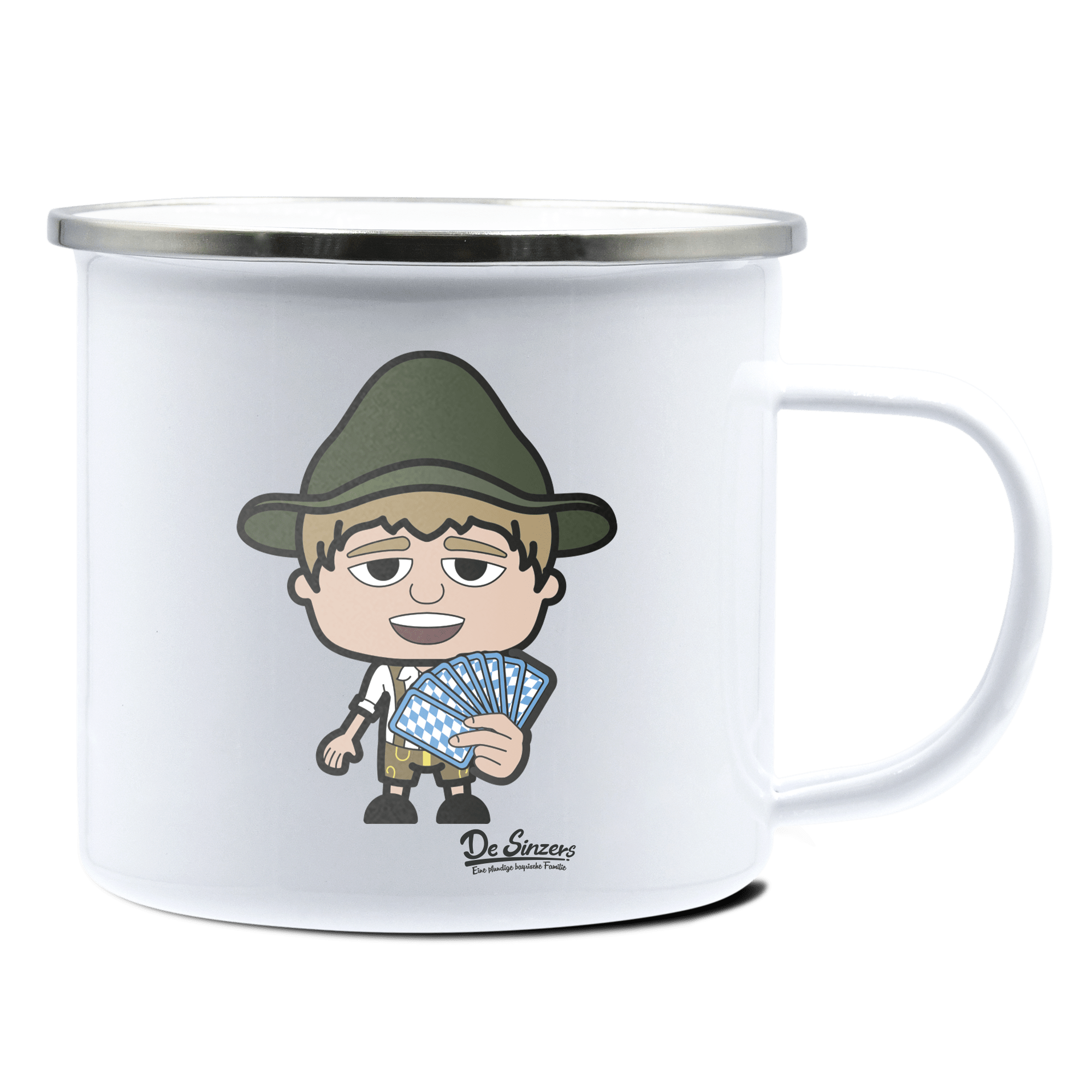 Da Jung Sinzer Schafkopfen Emaille Tasse 375ml Weiss Silber Kampenwand Front