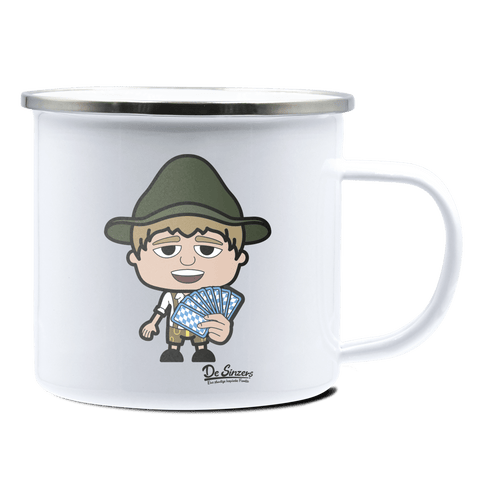 Da Jung Sinzer Schafkopfen Emaille Tasse 375ml Weiss Silber Kampenwand Front