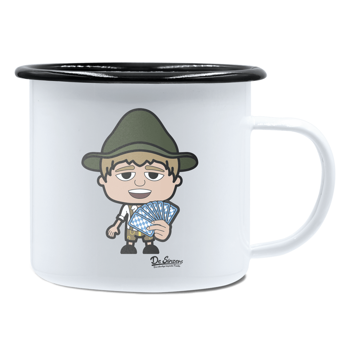 Da Jung Sinzer Schafkopfen Emaille Tasse 450ml Weiss Schwarz Spitzstein Front