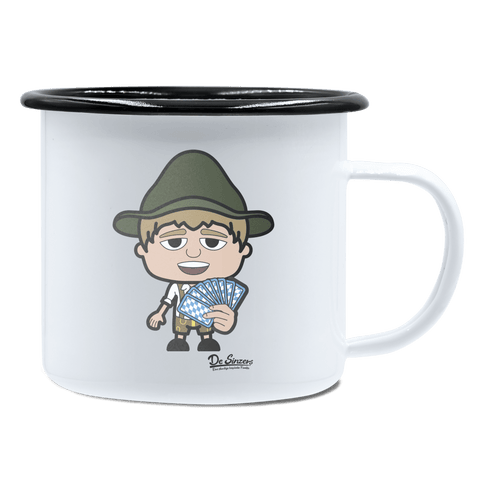 Da Jung Sinzer Schafkopfen Emaille Tasse 450ml Weiss Schwarz Spitzstein Front