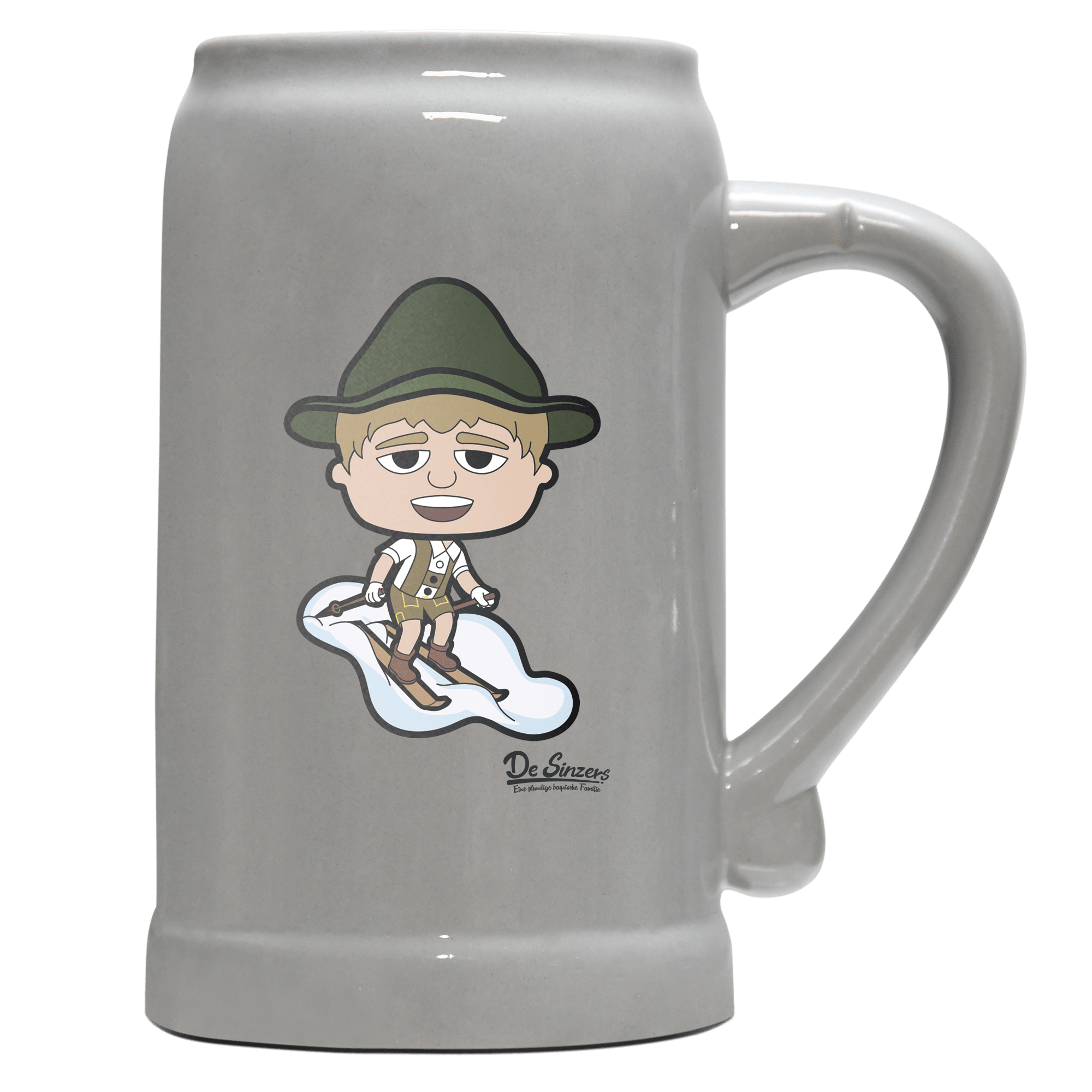 Da Jung Sinzer Skifahrer Bierkrug 1000ml Grau Zugspitze Front
