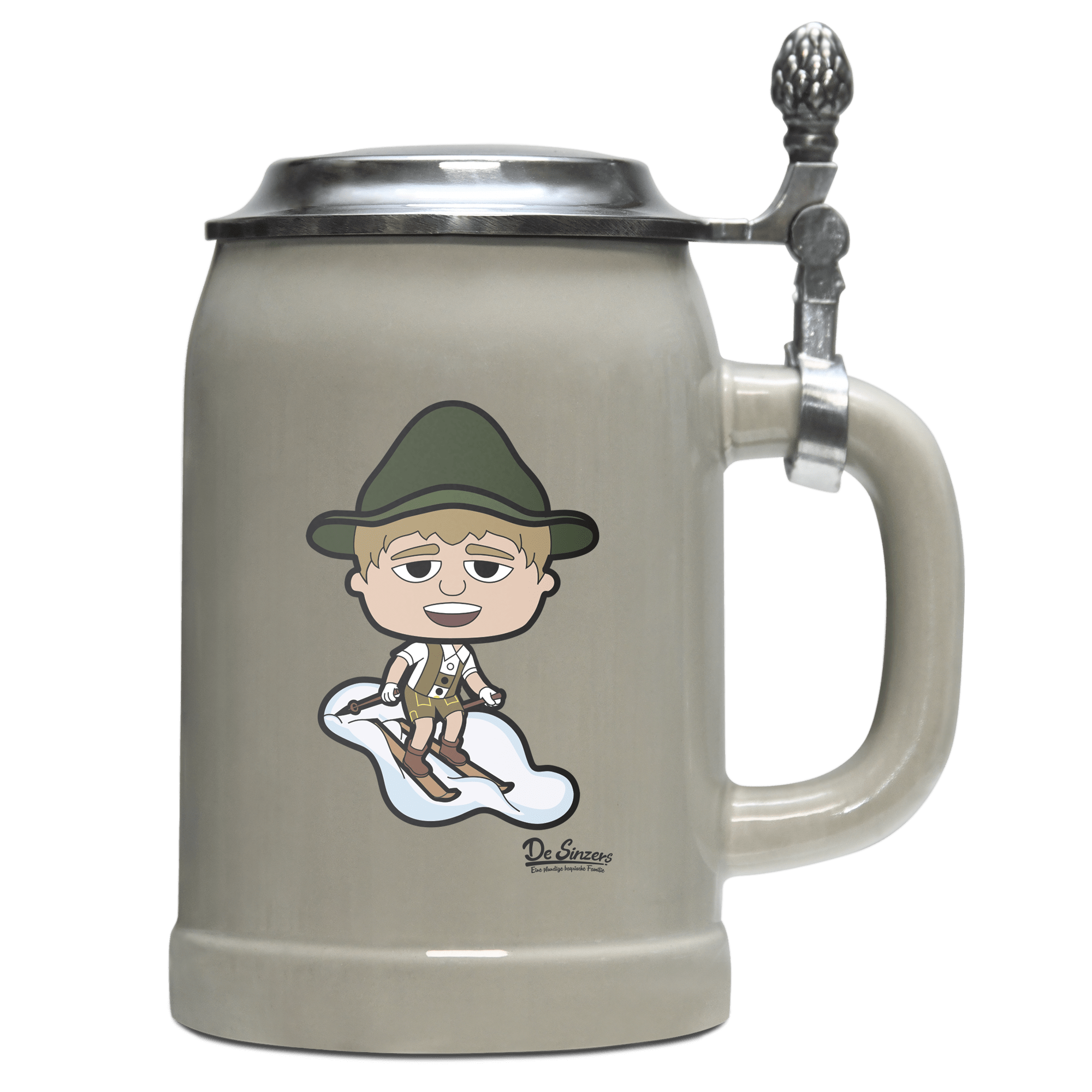 Da Jung Sinzer Skifahrer Bierkrug 500ml Grau mit Deckel Hocheck Front
