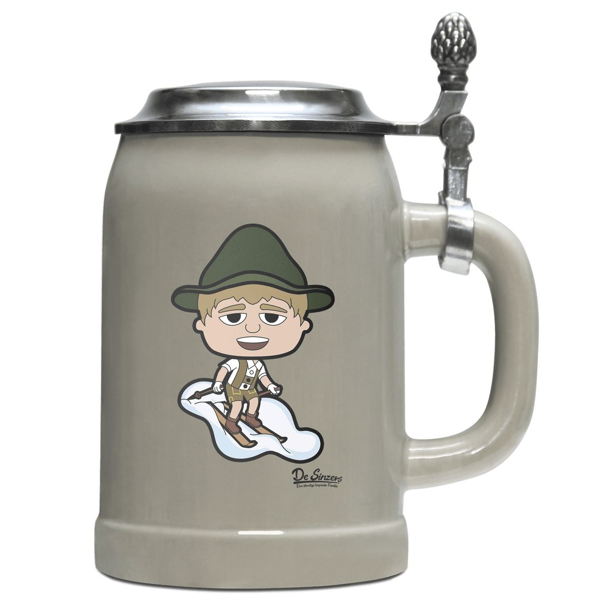 Da Jung Sinzer Skifahrer Bierkrug 500ml Grau mit Deckel Hocheck Front