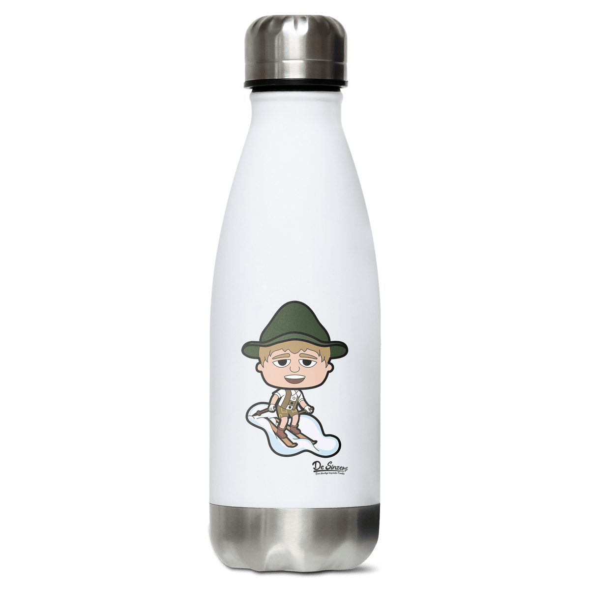 Da Jung Sinzer Skifahrer Edelstahl Thermoflasche 350ml Weiss Silber Kreuzspitze Front