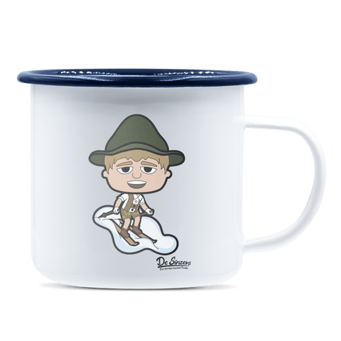 Da Jung Sinzer Skifahrer Emaille Tasse 375ml Weiss Blau Heuberg Front