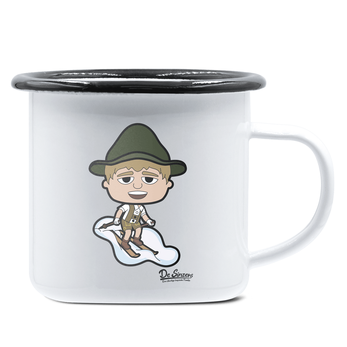 Da Jung Sinzer Skifahrer Emaille Tasse 375ml Weiss Schwarz Hochries Front