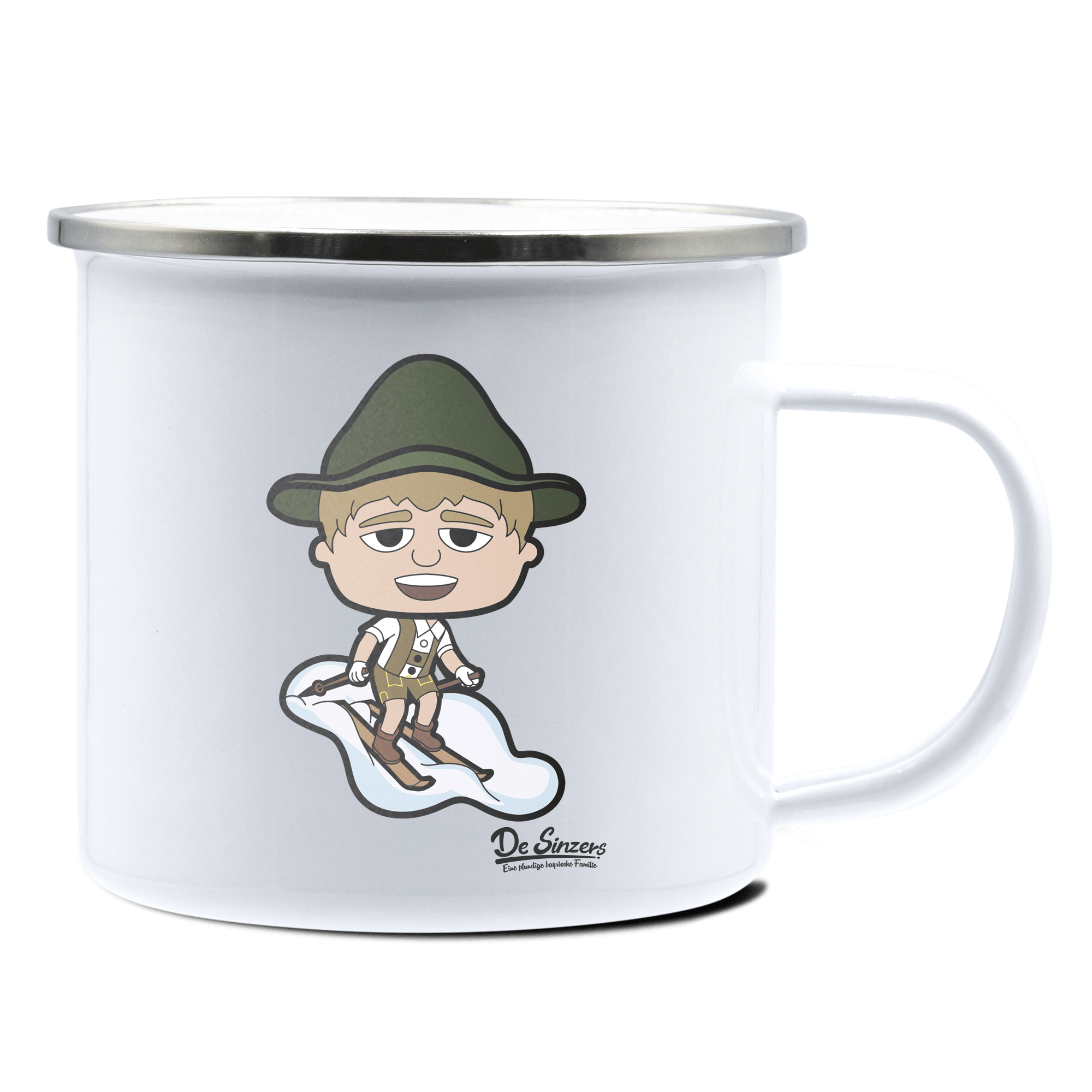 Da Jung Sinzer Skifahrer Emaille Tasse 375ml Weiss Silber Kampenwand Front
