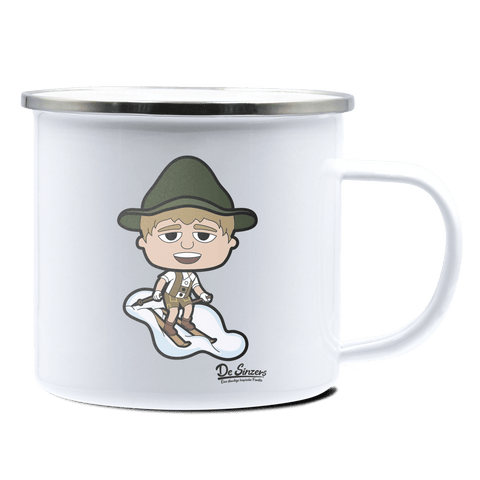 Da Jung Sinzer Skifahrer Emaille Tasse 375ml Weiss Silber Kampenwand Front