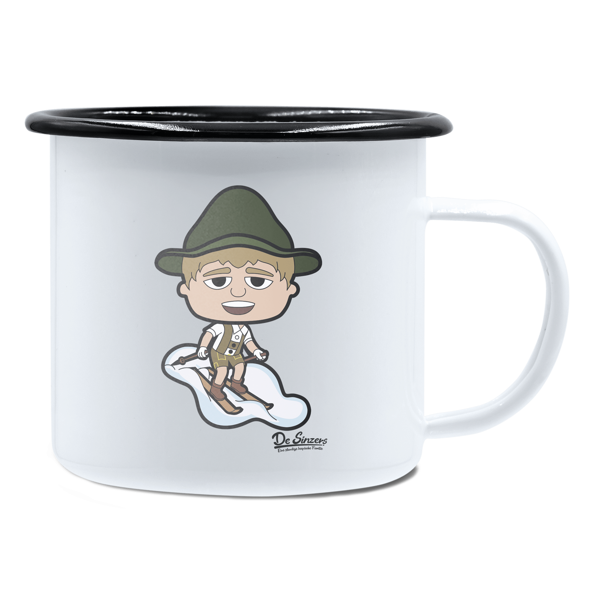 Da Jung Sinzer Skifahrer Emaille Tasse 450ml Weiss Schwarz Spitzstein Front