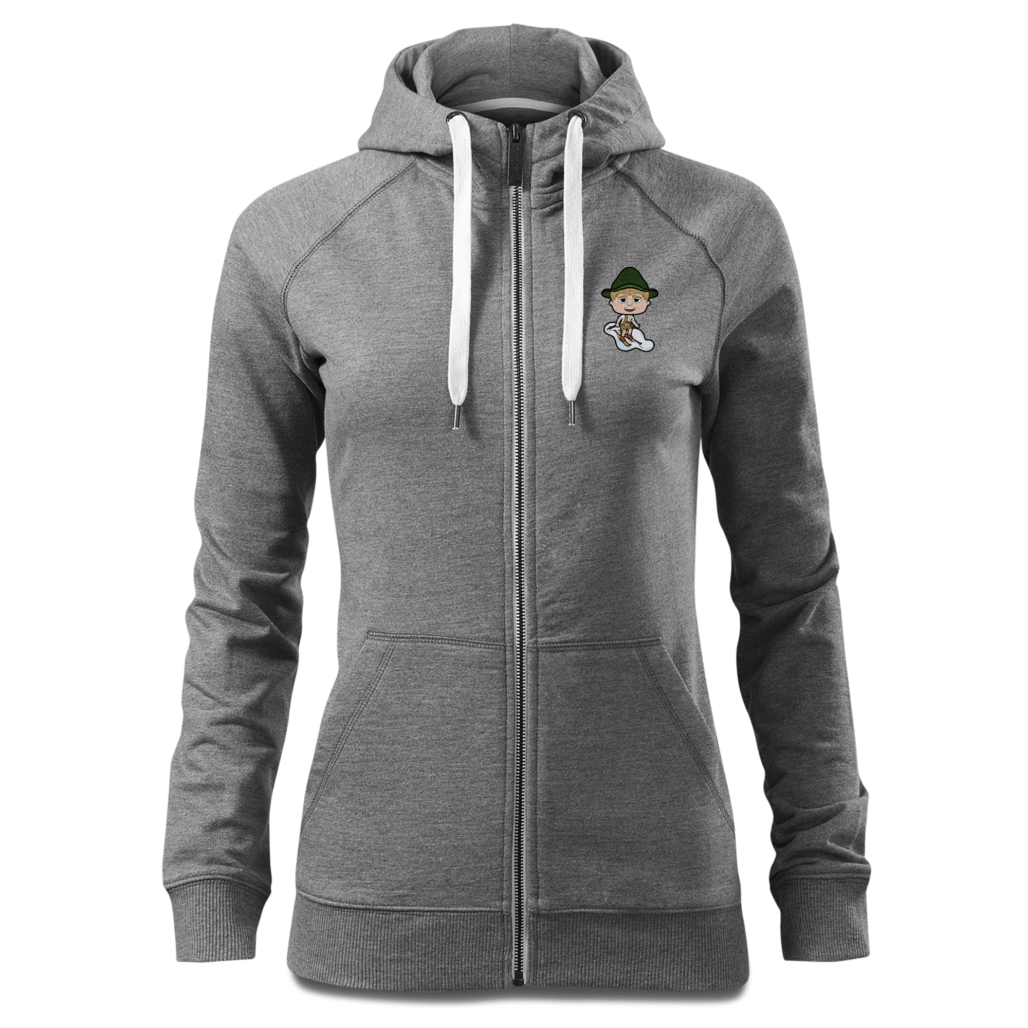 Da Jung Sinzer Skifahrer Sweatshirt Zip Hoody Damen Grau Meliert Kreut Front