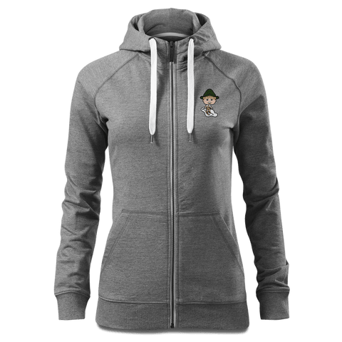 Da Jung Sinzer Skifahrer Sweatshirt Zip Hoody Damen Grau Meliert Kreut Front