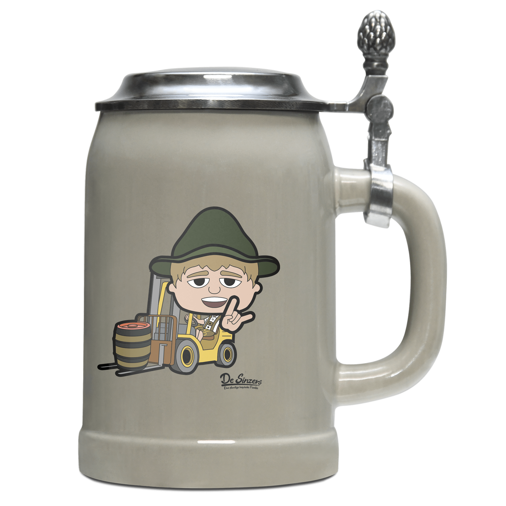 Da Jung Sinzer Staplerfahrer Bierkrug 500ml Grau mit Deckel Hocheck Front
