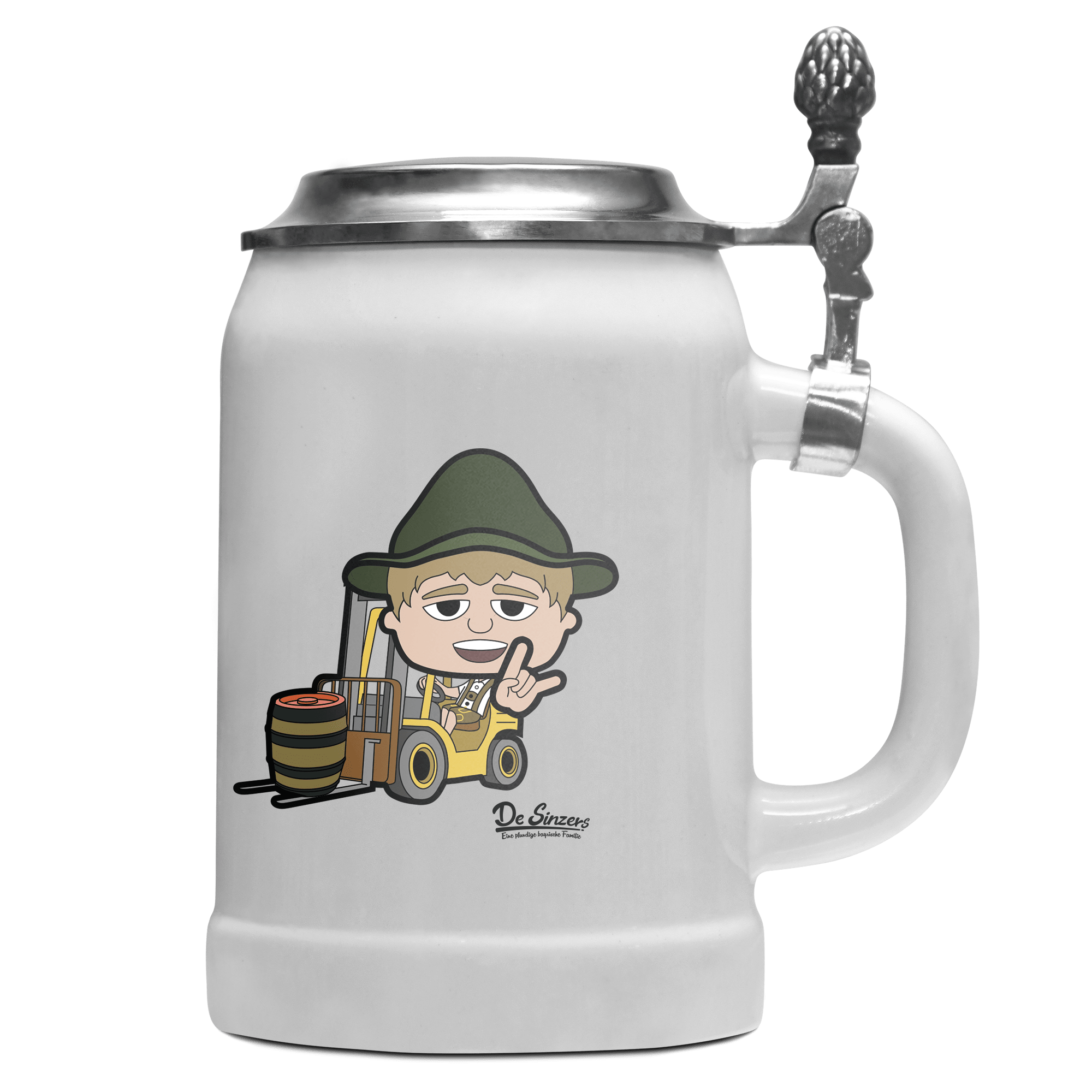 Da Jung Sinzer Staplerfahrer Bierkrug 500ml Weiss mit Deckel Wetterspitzen Front