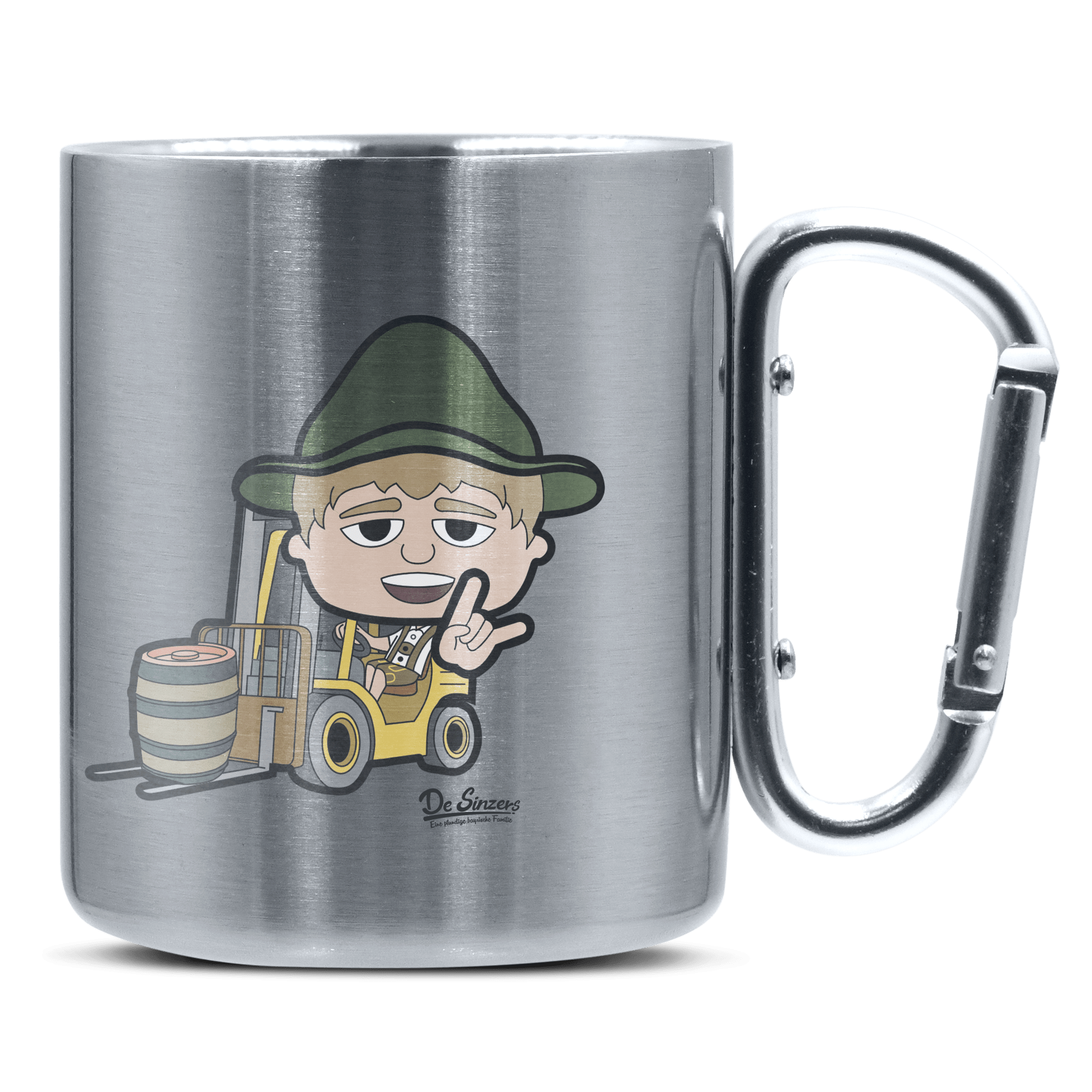 Da Jung Sinzer Staplerfahrer Edelstahl Kaffeetasse silberer Karabiner 320ml Grosser Traithen Front