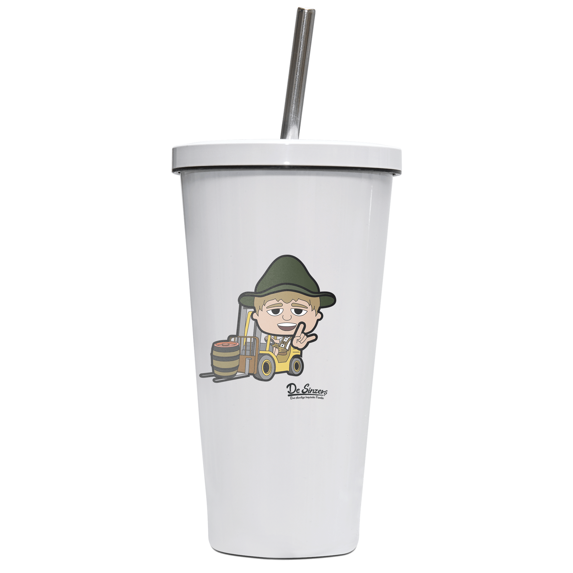 Da Jung Sinzer Staplerfahrer Edelstahl Trinkbecher mit Strohhalm 480ml Weiss Krottenkopf Front