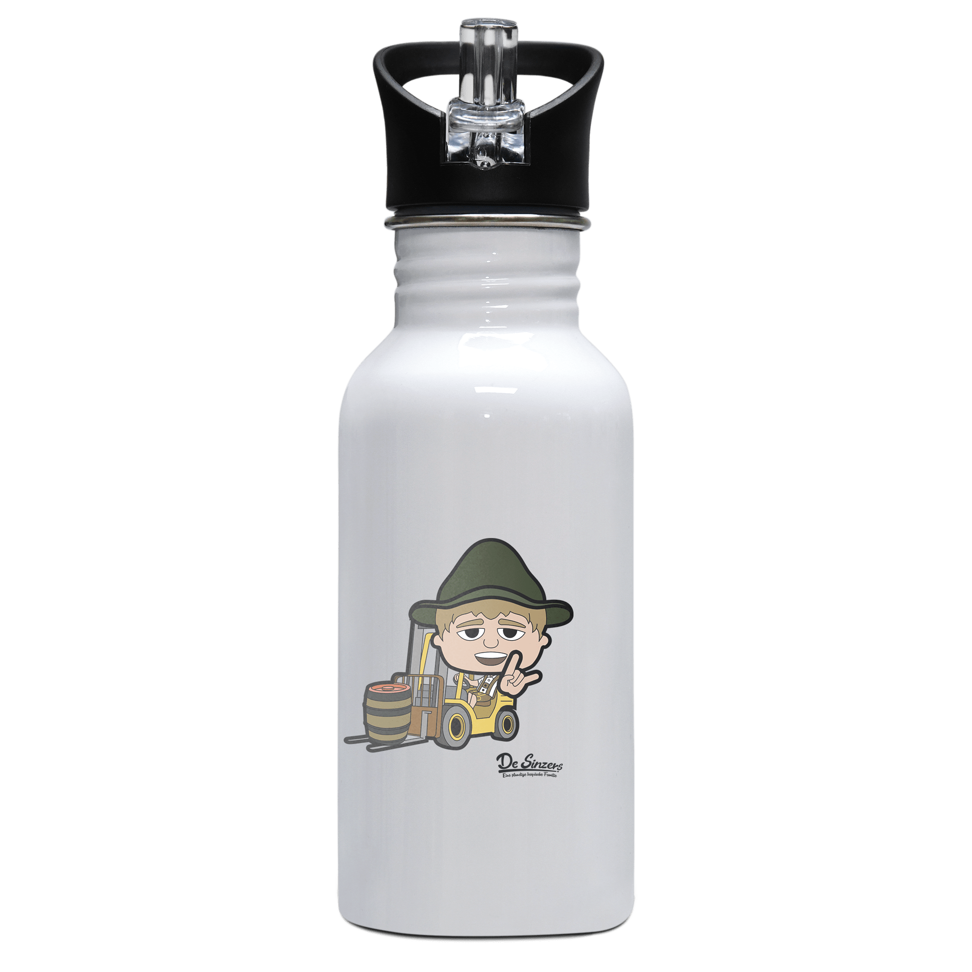 Da Jung Sinzer Staplerfahrer Edelstahl Trinkflasche mit klappbarem Mundstueck 500ml Weiss Rotwand Front