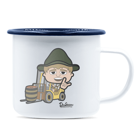 Da Jung Sinzer Staplerfahrer Emaille Tasse 375ml Weiss Blau Heuberg Front