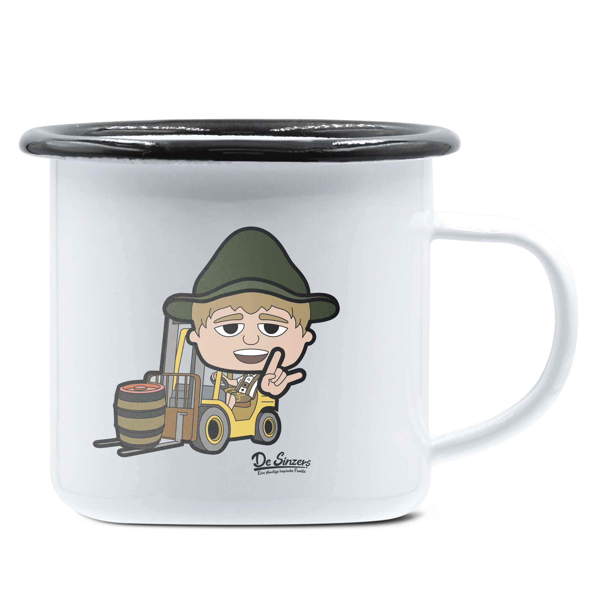 Da Jung Sinzer Staplerfahrer Emaille Tasse 375ml Weiss Schwarz Hochries Front