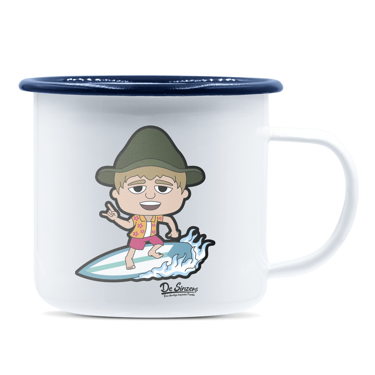 Da Jung Sinzer Summer Edition Emaille Tasse 375ml Weiss Blau Heuberg Front